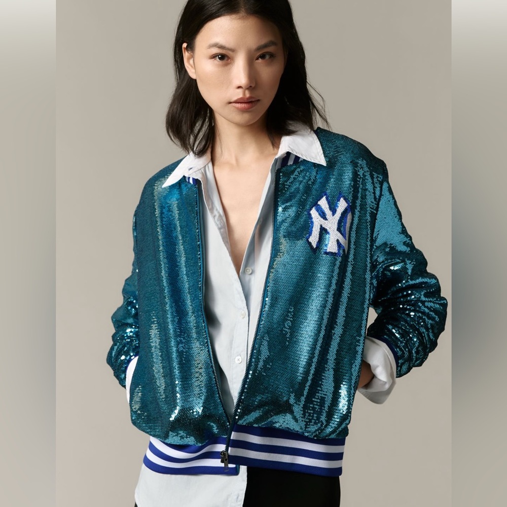 NWOT Wild Collective for Anthropologie Teal Sequin Yankees Baseball Jacket XL